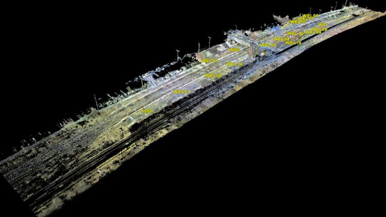 A 3D point cloud scan showing a railway bridge structure