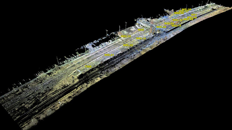 A 3D point cloud scan showing a railway bridge structure