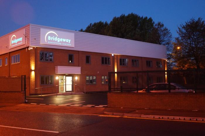 Bridgeway House at Riverside Way, Nottingham, illuminated at night